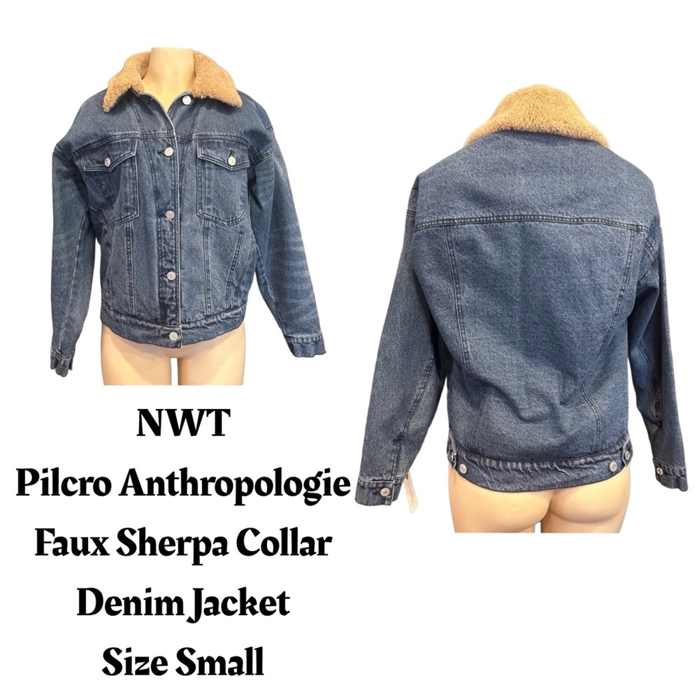 Anthropologie‎ Pilcro Faux Sherpa Collar Denim Button Up Jean Jacket Size Small
